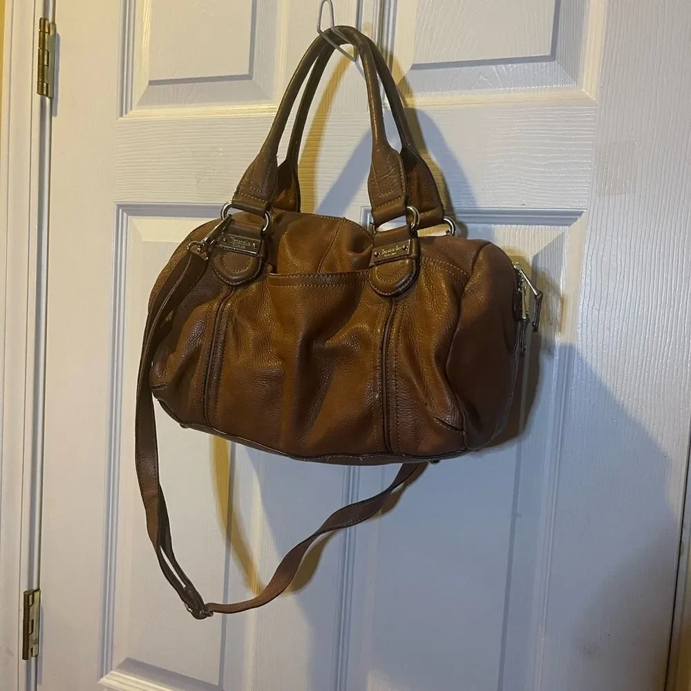 Tignanello leather Brown Satchel /Shoulder with silver tone hardwares.
